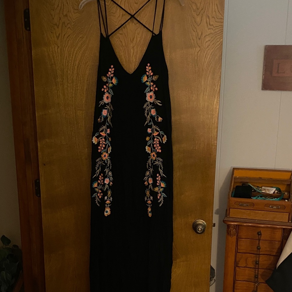 By Together Black Maxi Dress with Floral Embroidery